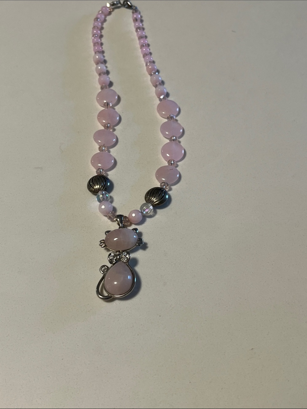 Rose Quartz Beaded Cat Pendant Necklace with Silver Accents